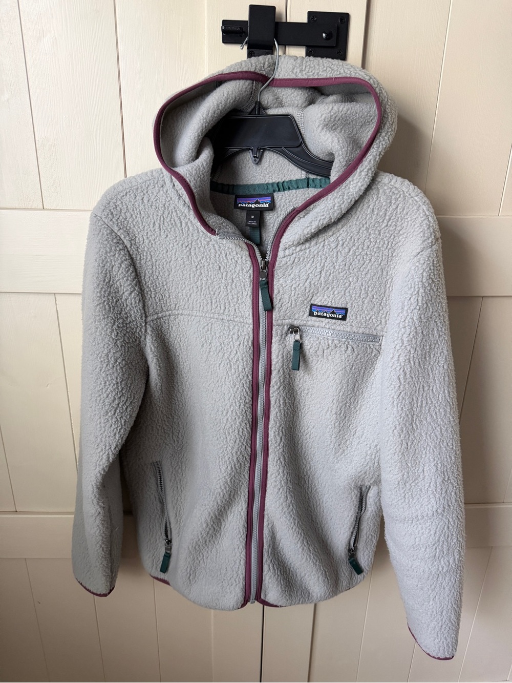 Patagonia Light Gray Sherpa Hoodie with Plum Trim